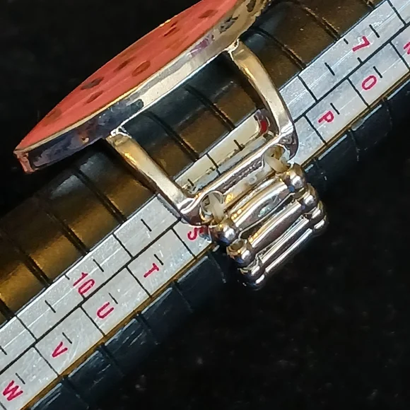 Paparazzi silvertone stretch ring with pink enamel marquis, faux abalone chips - Picture 5 of 6